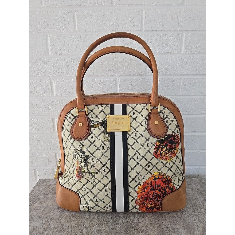 L.A.M.B. Cream Floral Crossbody Satchel with Black Stripe and Tan Trim